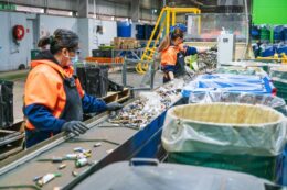 Workers sorting old batteries