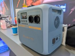 The Bluetti Pioneer Na sodium-ion portable power station shown from an angle, with a light blue exterior.